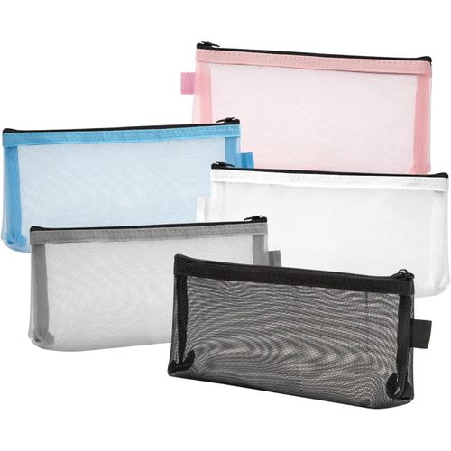 Trousse à Crayons Transparent Zippée Mesh Étui à Stylo Pochette de Maquillage, Nylon Multipurpose Organizer Sacs de Rangement pour Voyage Bureau Papeterie Fournitures (5 Pièces)