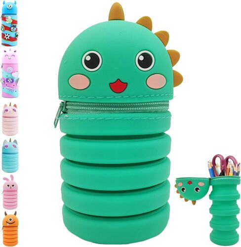 Trousse Scolaire,Kawaii Trousse 2 En 1 En Silicone Trousse Enfant Dinosaure,Sac À Crayons École,Vert Sac Rangement Papeterie,Garçons Adolescents Étudiants
