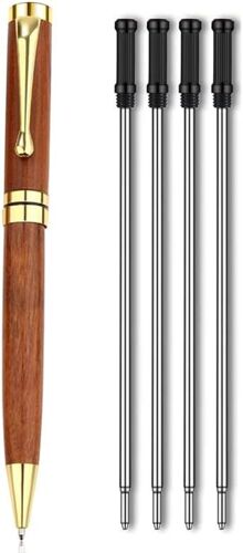 Stylos À Bille, Rétractable En Bois Avec Bordure En Métal Stylos Bille Pointe Moyenne Stylo À Encre Noire Avec Recharges 4pcs Et Coffret Cadeau