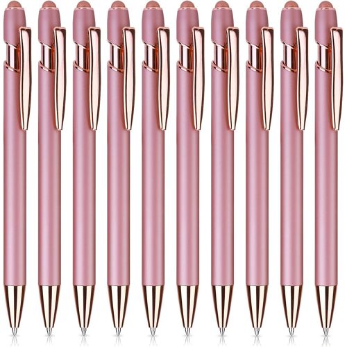 Rose Gold Stylos à bille avec pointe stylet, 10 pcs 1,0 mm Stylos à bille rétractables Stylo en métal à encre noire Stylo d'écriture à pointe moyenne Stylet pour écrans tactiles
