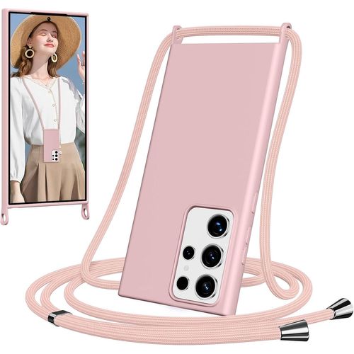 Kal-Coque Pour Samsung Galaxy S23 Ultra 5g Avec Cordon, Collier Étui Silicone Avec Tour De Cou Lanière, Réglable, Amovible, Antichoc Bumper Housse, Rose
