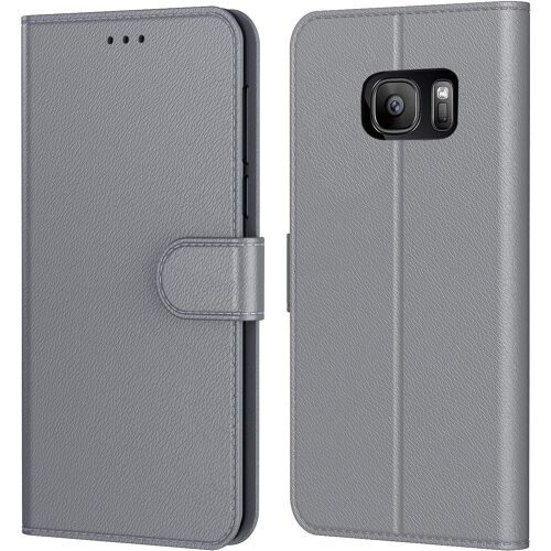 SJZG-Etui Coque Pour Samsung Galaxy S7, Protection Housse En Cuir Pu Portefeuille Livre,[Emplacements Cartes],[Fonction Support],[Languette Magnétique] Pour (Galaxy S7 (5,1 Pouces), Gris)