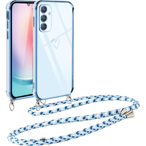 Kal-Coque Pour Samsung Galaxy A24 4g Avec Cordon De Collier, Galvanisé Etui Housse Avec Motif Coeur D'amour, Antichoc Anti-Rayures Case Avec Bandoulière Pour Samsung A24 4g 6.5"", Bleu