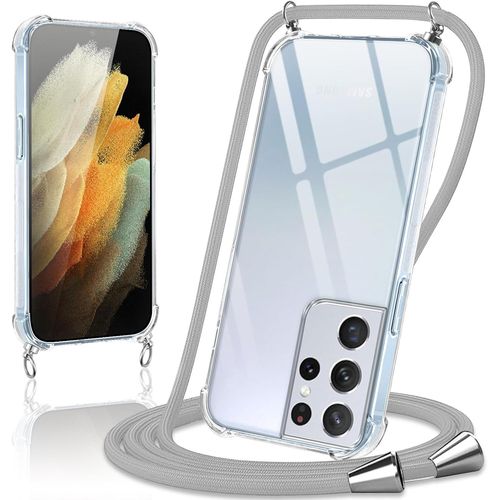 SJZG-Coque Avec Cordon Pour Samsung Galaxy S21 Ultra 5G 6,8"", Collier Réglable Téléphone Étui Portable Lanyard Case Transparent Ultra Souple Silicone Tpu Housse Antichoc Protection Cover, Gris