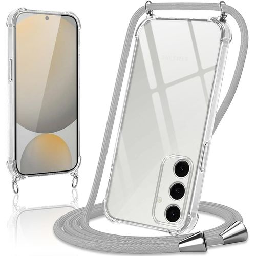 Coque Avec Cordon Pour Samsung Galaxy S24 Fe, Collier Réglable Téléphone Étui Portable Lanyard Case Transparent Ultra Souple Silicone Tpu Housse Antichoc Protection Cover, Gris