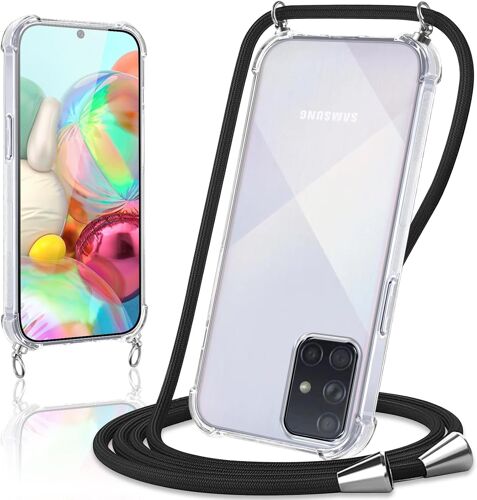 SJZG-Coque Avec Cordon Pour Samsung Galaxy A71 4G 6,7"", Collier Réglable Téléphone Étui Portable Lanyard Case Transparent Ultra Souple Silicone Tpu Housse Antichoc Protection Cover, Noir