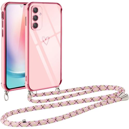 Kal-Coque Pour Samsung Galaxy A24 4g Avec Cordon De Collier, Galvanisé Etui Housse Avec Motif Coeur D'amour, Antichoc Anti-Rayures Case Avec Bandoulière Pour Samsung A24 4g 6.5"", Rose