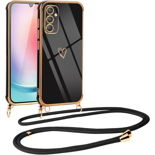 Coque Silicone Samsung Galaxy A24 4g Avec Lanière Tour De Cou Réglable Et Pendentif - Motif C?ur, Cadre Galvanisé, Anti-Chocs, Protection Caméra, Noir