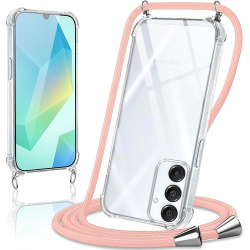 Coque Silicone Tpu Transparente Pour Samsung Galaxy A16 5g (6,7 Pouces) Avec Cordon Réglable 1,6 M - Lanière Tour De Cou Anti-Choc - Or Rose