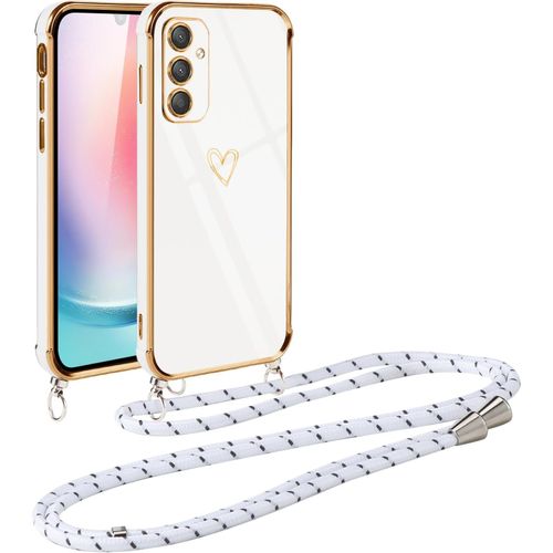 Coque Silicone Tpu Blanche Pour Samsung Galaxy A24 4g ¿ Motif C?ur Doré, Protection Antichoc Avec Rebords Surélevés, Cadre Galvanisé, Cordon Réglable Style Collier, Anti-Chute Et Anti-Rayures