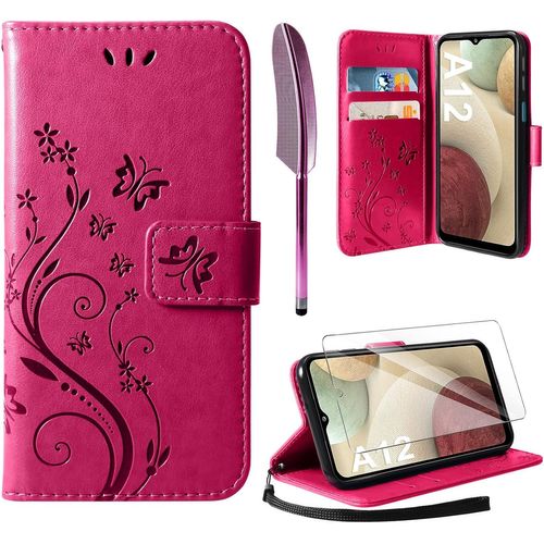 Kalanka-Coque Compatible Avec Samsung Galaxy A12, Retro Design Pu Etui Housse En Cuir Portefeuille De Protection Fonction Stand Video Porte Carte Credit Ticket Flip Case A12 Red (Rouge)