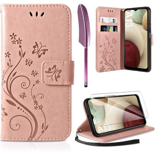 Coque Compatible avec Samsung Galaxy A12,Retro Design PU Etui Housse en Cuir Portefeuille de Protection Fonction Stand Video Porte Carte Credit Ticket Flip Case,Or Rose