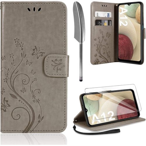 Coque Portefeuille Compatible Samsung Galaxy A12 ¿ Étui Cuir Pu Rétro, Flip Case Avec Support Et Porte-Cartes, Gris
