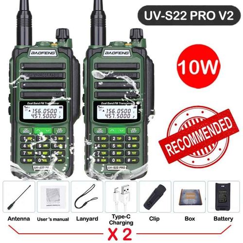 walkie-talkie UV S22 PRO V2 10W IP68,double bande 136-174/400-520MHz,50KM,Radio longue portée améliorée de UV5R UV9R S22,2 paquets - Type -V2-10W-Green 1-Usb plug