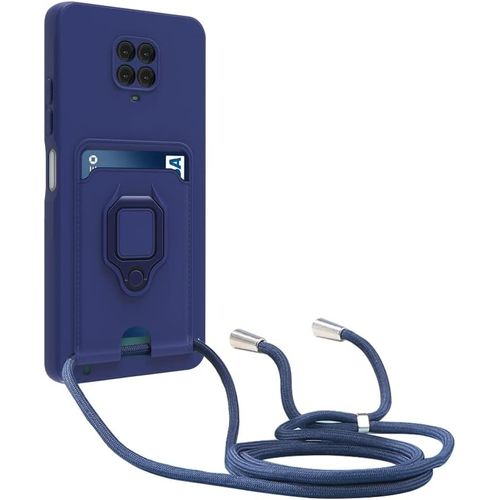 Kal-Coque Compatible Avec Xiaomi Redmi Note 9s/Note 9 Pro/Note 9 Pro Max,Réglable Lanyard Case,Avec Carte Fentes,Anneau Support,Silicone Collier Case (Bleu)