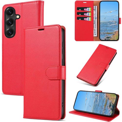 Kal-Coque Pour Samsung Galaxy S25, Antichoc Magnetique Étui À Rabat Avec Rfid Blocage, Portefeuille Housse En Cuir Pu Coque Pour Samsung S25, Rouge