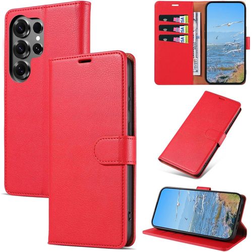 Trahoo-Coque Pour Samsung Galaxy S25 Ultra, Antichoc Magnetique Étui À Rabat Avec Rfid Blocage, Portefeuille Housse En Cuir Pu Coque Pour Samsung S25 Ultra, Rouge