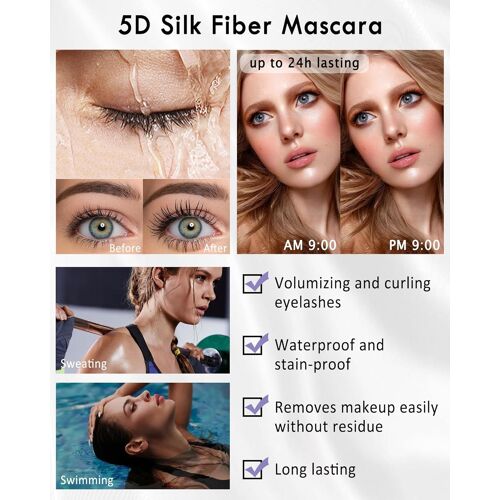 5d Silk Fiber Violet Bleu Vert Mascara Volume Et Longueur With Brosse A Cils, Waterproof Et Longue Tenue Avec Une Définition Précise, Fast Dry False Lash Effect, Créer Un Maquillage Des Yeux Charmant 