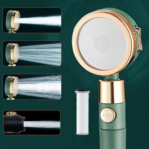 TZF-Pommeau de Douche, Economie Deau Pommeau Douche Anti Calcaire, Haute Pression Douchette Douche Salle de Bain avec 3 + 1 Modes et Filtre, Arrêt de L'eau à Une Clé- ABS - Noir Mat (Vert)