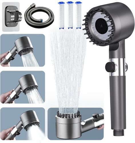 Pommeau de Douche Haute Pression, Pommeau Douche Anti Calcaire avec Tuyau 1.5M et Support, 4 Types de Jets Douchette Douche Salle de Bain Pomme de Douche Economie Deau avec Bouton D'arrêt D'eau(Gris)