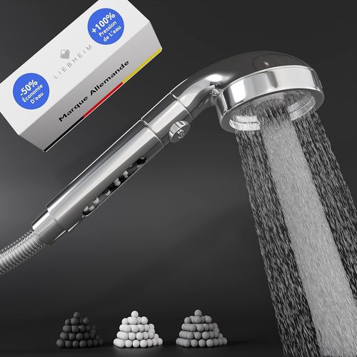 KAL-Pommeau De Douche - Pommeau De Douche Economie Deau Avec Filtres Et Boules Minérales - Douchette À Main À Haute Pression D'Eau - Anti Calclaire (Pommeau De Douche + 3 Remplissages)