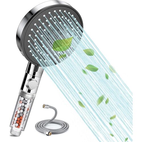 Pommeau de douche avec filtre, douchette à main haute pression avec tuyau de 2 m, 5 types de jet, douchette à économie d'eau avec fonction d'arrêt, douchette de douche pour eau dure, chlore résiduel