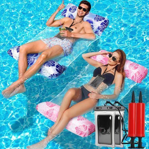 KALANKA-Bouee Piscine Adulte 4 in 1 Hamac Piscine Gonflable 2 Pièces Matelas Gonflable Piscine PVC Hamac de Piscine Matelas Piscine Filet Hamac Flottant pour Les Vacances à la Plage