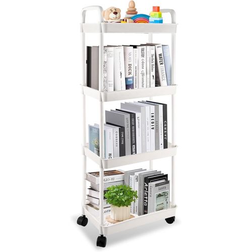 Cap-Chariot De Cuisine Avec Roulettes À 4 Étages, Chariot De Service Avec Poignée Blanche, Chariot De Rangement Multifonction Pour Cuisine, Maquillage, Salle De Bain, Bureau