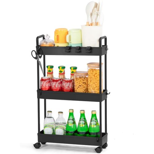 Cap-Chariot De Cuisine À 3 Niveaux,Desserte À Roulettes Multifonctionnel Mobile Étagère,Étagère De Cuisine,Étagère De Cuisine Avec Roulettes,Pour Salle De Bain,Chambre,Noir,38.8 X 12.5 X 65 Cm