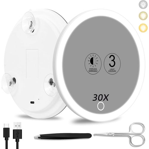 Tianyi-Miroir Grossissant 30x Avec Lumière - Grand 15cm 3 Couleurs Avec Éclairage Tamisé, 3 Ventouses - Pour Voyage Et Maquillage À Fort Grossissement 