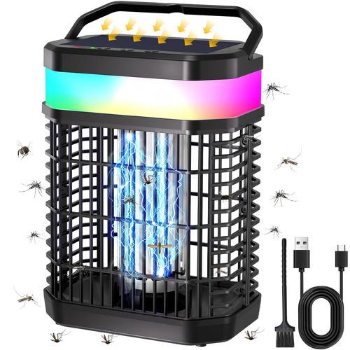 ASFASFq-Lampe Anti Moustique Solaire 4000V Électrique Anti Moustique Exterieur avec 5500mah & LED Lampe,Rechargeable Tue Mouche Electrique Lampe Anti Mouches IP65 pour Exterieur,Intérieur,Jardin,Balc