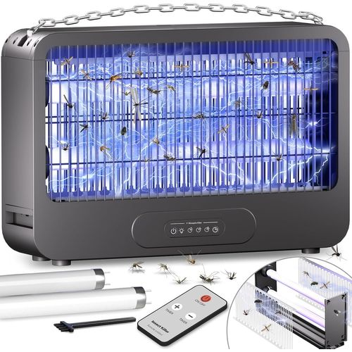 jum-Lampe Anti Moustique Grille À Deux Tensions 3500V Électrique Anti Moustique 20W Moustique Killer Lampe Avec Minuterie Et Télécommande,Piège À Mouches Interieur,Deux Ampoule Rechange