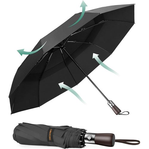 JGD-Parapluie Pliant Automatique Compact, Parapluie Solide Homme de Voyage, Revêtement en Téflon 210T, Anti-Tempête, Double Toit Coupe-Vent Ventilé, Poignée en Bois Véritable