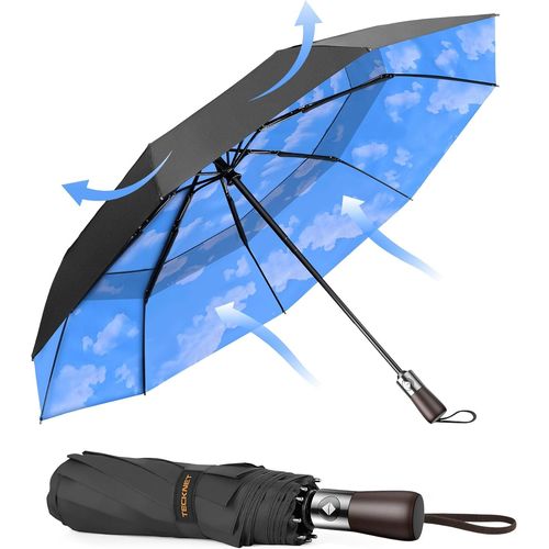 Parapluie Pliant Automatique Compact, Parapluie Solide Homme de Voyage, Revêtement en Téflon 210T, Anti-Tempête, Double Toit Coupe-Vent Ventilé, Poignée en Bois Véritable