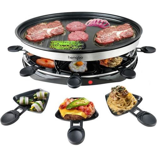ASFASFq-Appareil à Raclette 8 Personnes - Machine à Raclette 1500W Sans Fumée avec 8 Poêlons Raclette Antiadhésifs Amovibles + 4 Spatule | Thermostat Continu 260°C Raclette Party en Intérieur/Extérie