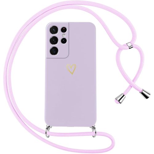 KAL-Coque Pour Samsung Galaxy S21 Ultra 5G Avec Cordon De Collier Étui Housse Souple Silicone Avec Motif Coeur Et Portable Lanyard Réglable Antichoc Anti-Chute Bandoulière Lanière Case,Violet