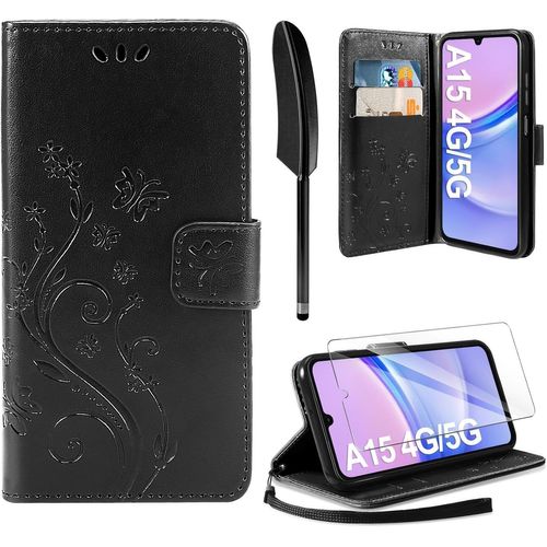 CAUC-Coque Compatible avec Samsung Galaxy A15 4G / 5G, Retro Design PU Etui Housse en Cuir Portefeuille de Protection Fonction Stand Video Porte Carte Credit Ticket Flip Case Noir