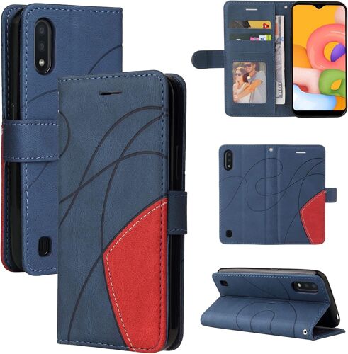 SJZG-Coque Pour Samsung Galaxy A01, Etui En Cuir Pu Portefeuille Housse Fermeture Magnétique Und Flip Protection Case Avec Antichoc Tpu, Etui À Rabat, Fentes Pour Cartes (Bleu)