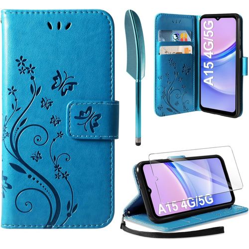 CAUC-Coque Compatible avec Samsung Galaxy A15 4G / 5G, Retro Design PU Etui Housse en Cuir Portefeuille de Protection Fonction Stand Video Porte Carte Credit Ticket Flip Case Bleu