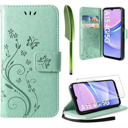 CAUC-Coque Compatible avec Samsung Galaxy A15 4G / 5G, Retro Design PU Etui Housse en Cuir Portefeuille de Protection Fonction Stand Video Porte Carte Credit Ticket Flip Case Vert