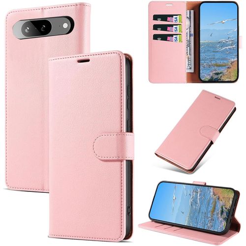 Kal-Coque Pour Google Pixel 8a 5g, Antichoc Magnetique Étui À Rabat Avec Rfid Blocage, Portefeuille Housse En Cuir Pu Coque Pour Google Pixel 8a 5g, Rose