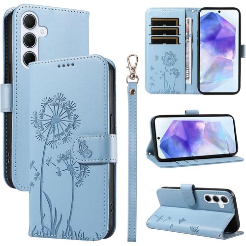 Kalanka-Coque Pour Samsung Galaxy A55 5g, Housse En Cuir Pu Premium Etui À Rabat Pochette De Portefeuille Avec Porte Carte Étui De Protection Pour Galaxy A55 5g, Bleu Clair