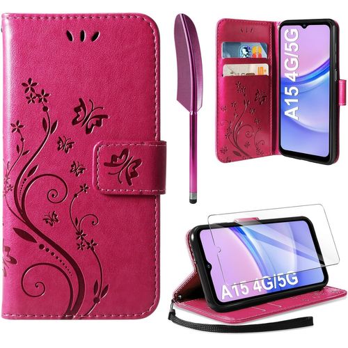 Coque Samsung Galaxy A15 (4g/5g) ¿ Étui Portefeuille En Cuir Pu Rétro, Porte¿Cartes Et Support Mains¿Libres, Protection Antichoc, Rose Rouge