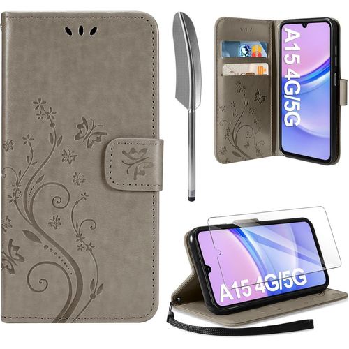 CAUC-Coque Compatible avec Samsung Galaxy A15 4G / 5G, Retro Design PU Etui Housse en Cuir Portefeuille de Protection Fonction Stand Video Porte Carte Credit Ticket Flip Case Gris
