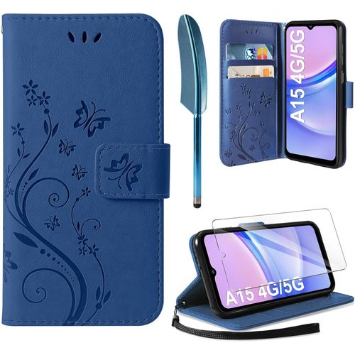 Kalanka-Coque Compatible Avec Samsung Galaxy A15 4g / 5g, Retro Design Pu Etui Housse En Cuir Portefeuille De Protection Fonction Stand Video Porte Carte Credit Ticket Flip Case Bleu Fonc?