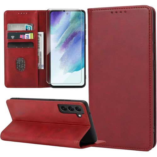 SJZG-Coque Pour Samsung Galaxy S21 Fe 5G, Housse En Cuir Pu Flip Pochette Portefeuille Étui Avec Emplacement Carte Samsung S21 Fe 5G Coque Magnétique Antichoc, Rouge