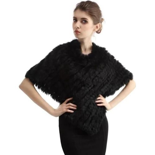 Etole-Poncho-Veste De Fourrure En Lapin D\'élevage Véritable Tricoté Pt01 Noir - Femme - Taille Unique