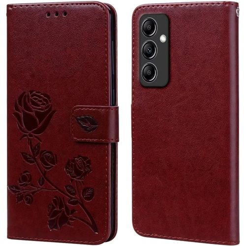 Kal-Étui Portefeuille En Cuir Pour Samsung Galaxy A24 (4g) (6.5"" Inches), Avec Porte-Cartes Rose Pattern Design Cover Coque Housse Case - Marron