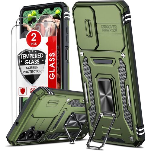 SJZG-Coque Pour Samsung A05S(Pas A05) Antichoc Avec Protection Caméra Coulissante,2*Verre Trempé,Étui De Pc Dur Et Tpu Silicone Militaire Anti-Rayures Coque Samsung Galaxy A05S Anneau-Vert Olive