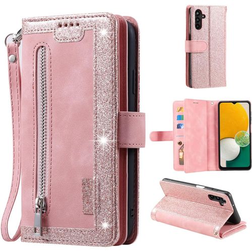 Coque Pour Samsung Galaxy A55 5g, Etui À Rabat En Cuir Fermeture À Glissière Magnétique Portefeuille Avec 9 Emplacements Pour Cartes Fonction Stand Etui En Cuir Mat Rétro-Or Rose